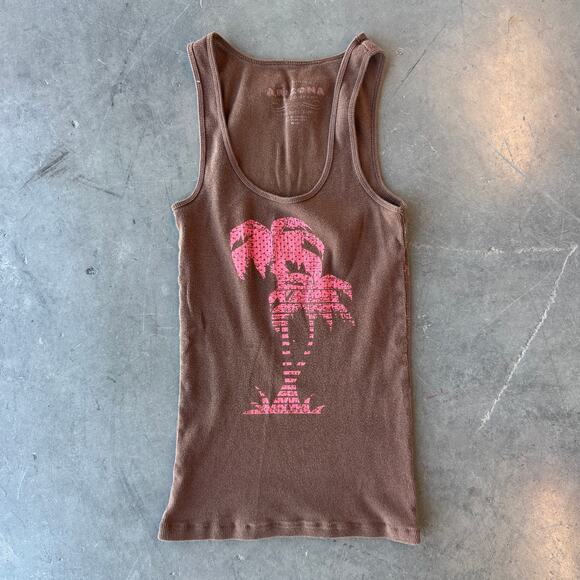 Vintage Y2k Palm Tree Arizona Brown Multicolor Pink Ribbed Knit Racerback Tank M - Picture 1 of 5